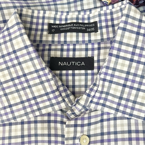 Nautica Plaid Casual Button Down Shirt Men’s Size 17 - 34/35 Tan Blue & Purple - Picture 9 of 10